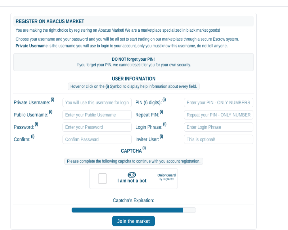 Abacus Market entry screen